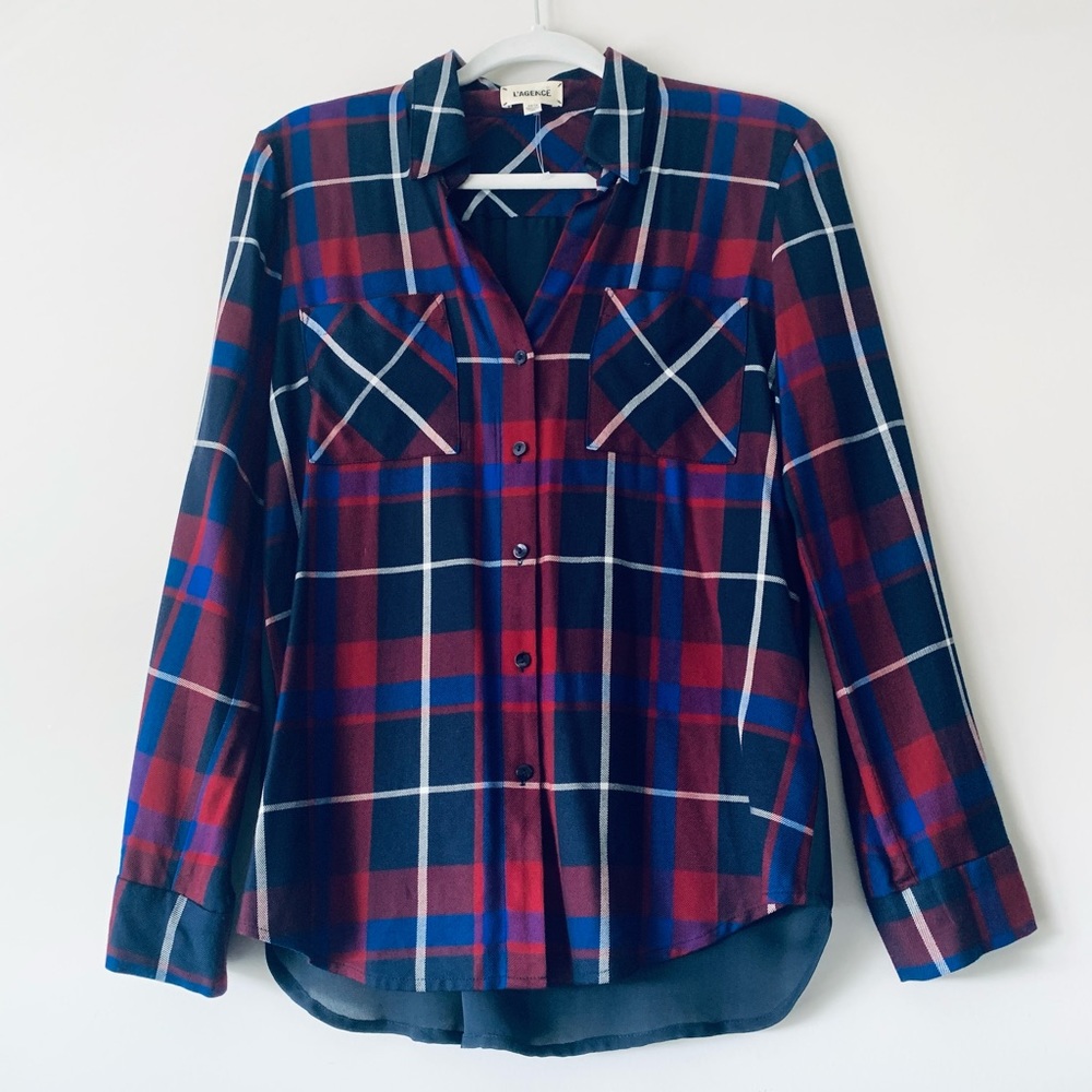 L’agence Plaid Button Up Shirt Women Sz XS Silk Rayon Blend Navy Western Cowgirl